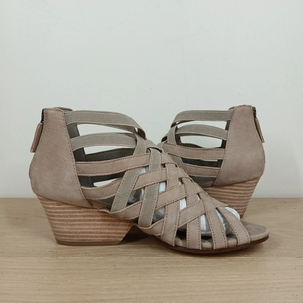 Eileen Fisher Cage Wedge Sandals Womens 5.5 Taupe Suede Woven Strappy Back Zip